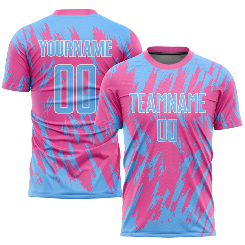 Custom Soccer Jersey, Pink Light Blue White Sportswear Jersey Shirt, Athletic Mesh Moisture Wicking Jersey, Casual Gift for Men