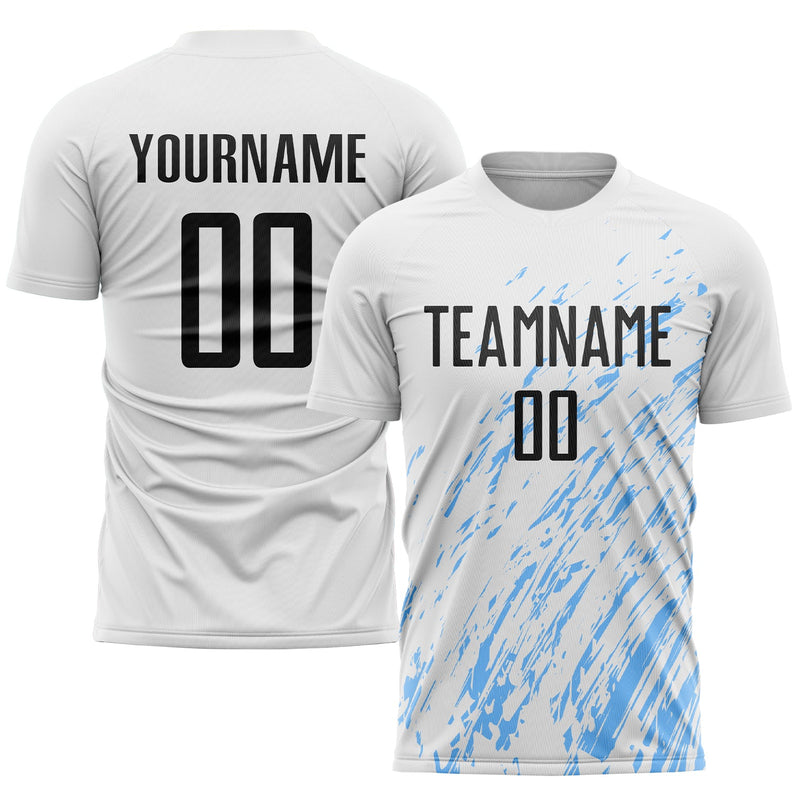 Custom Soccer Jersey, White Black Light Blue Sportswear Jersey Shirt, Athletic Mesh Moisture Wicking Jersey, Casual Gift for Men