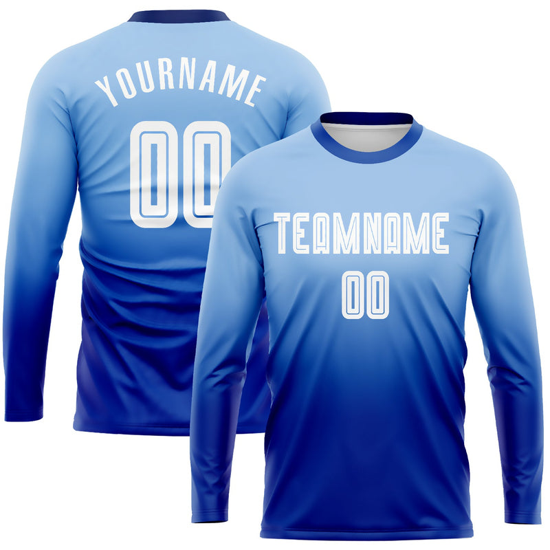 Custom Soccer Jersey, Light Blue White Royal Fashion Sportswear Jersey Shirt, Athletic Long Sleeve Mesh Jersey, Casual Gift for Men