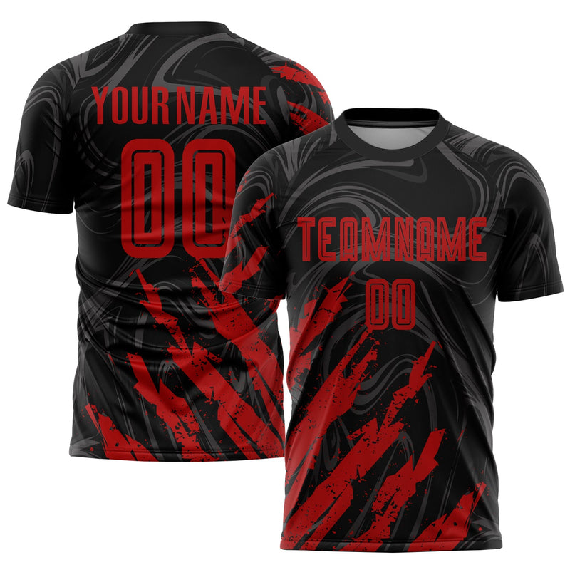 Custom Soccer Jersey, Black Red Sportswear Jersey Shirt, Athletic Mesh Moisture Wicking Jersey, Casual Gift for Men, Style Soccer0985