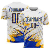 Custom Soccer Jersey, White Blue Gold Sportswear Jersey Shirt, Athletic Mesh Moisture Wicking Jersey, Casual Gift for Men