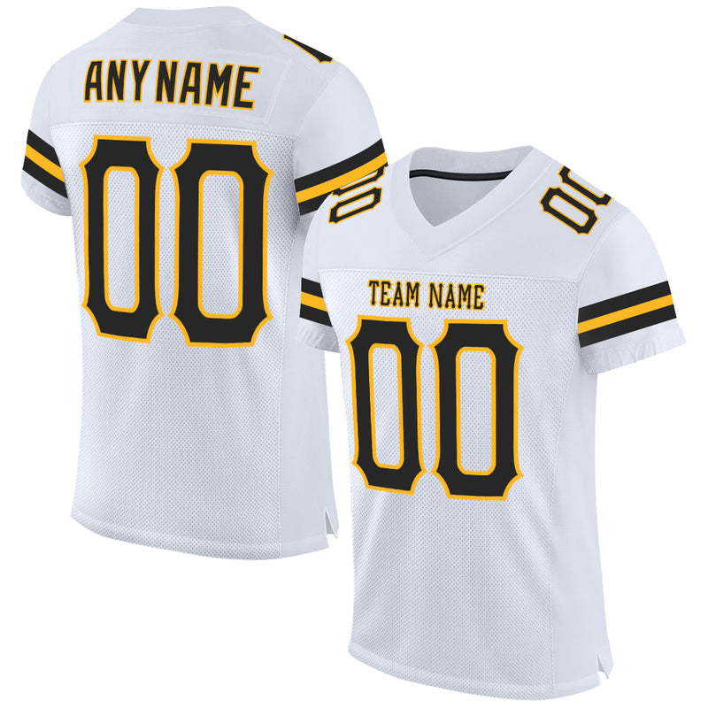 Custom Football Jersey, White Black Gold Sportswear Jersey Shirt, Athletic Mesh Moisture Wicking Jersey, Casual Gift for Men, Style White0622