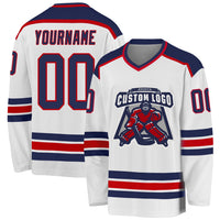 Custom Hockey Jersey, White Navy Red Sportswear Jersey Shirt, Athletic Long Sleeve V Neck Jersey, Casual Gift for Men