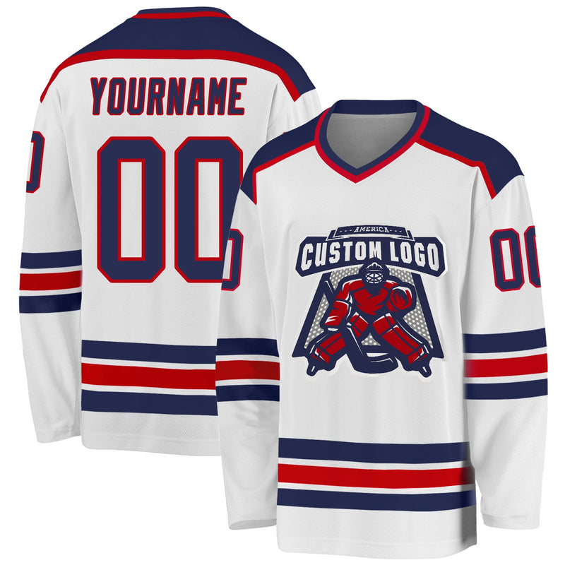 Custom Hockey Jersey, White Navy Red Sportswear Jersey Shirt, Athletic Long Sleeve V Neck Jersey, Casual Gift for Men