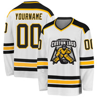 Custom Hockey Jersey, White Black Gold Sportswear Jersey Shirt, Athletic Long Sleeve V Neck Jersey, Casual Gift for Men, Style White1049