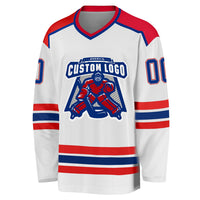 Custom Hockey Jersey, White Royal Red Sportswear Jersey Shirt, Athletic Long Sleeve V Neck Jersey, Casual Gift for Men, Style White1059