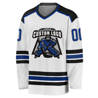 Custom Hockey Jersey, White Royal Black Sportswear Jersey Shirt, Athletic Long Sleeve V Neck Jersey, Casual Gift for Men