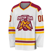 Custom Hockey Jersey, White Maroon Gold Sportswear Jersey Shirt, Athletic Long Sleeve V Neck Jersey, Casual Gift for Men, Style White1064