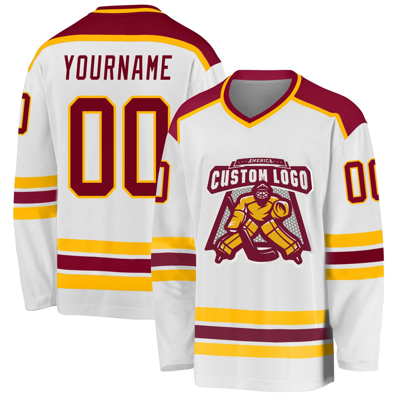 Custom Hockey Jersey, White Maroon Gold Sportswear Jersey Shirt, Athletic Long Sleeve V Neck Jersey, Casual Gift for Men, Style White1064
