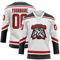 Custom Hockey Jersey, White Red Black Sportswear Jersey Shirt, Athletic Long Sleeve V Neck Jersey, Casual Gift for Men, Style White1445