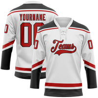 Custom Hockey Jersey, White Red Black Sportswear Jersey Shirt, Athletic Long Sleeve V Neck Jersey, Casual Gift for Men, Style White1445