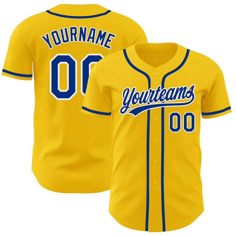 Custom Baseball Jersey, Yellow Royal White Sportswear Jersey Shirt, Athletic Button Down Moisture Wicking Jersey, Casual Gift for Men