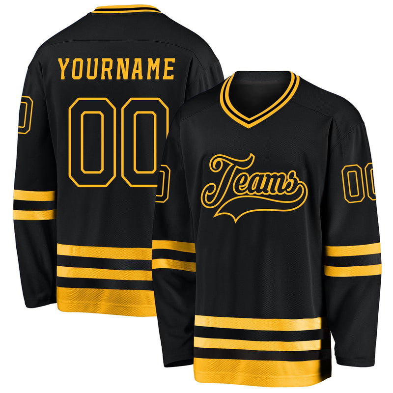 Custom Hockey Jersey, Black Gold Sportswear Jersey Shirt, Athletic Long Sleeve V Neck Jersey, Casual Gift for Men, Style Black0543