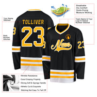 Custom Hockey Jersey, Black Gold White Sportswear Jersey Shirt, Athletic Long Sleeve V Neck Jersey, Casual Gift for Men, Style Black0587