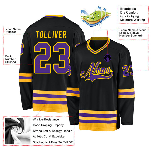 Custom Black Purple-Gold Hockey Jersey