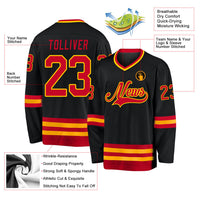 Custom Hockey Jersey, Black Red Gold Sportswear Jersey Shirt, Athletic Long Sleeve V Neck Jersey, Casual Gift for Men, Style Black0594