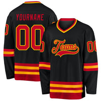 Custom Hockey Jersey, Black Red Gold Sportswear Jersey Shirt, Athletic Long Sleeve V Neck Jersey, Casual Gift for Men, Style Black0594