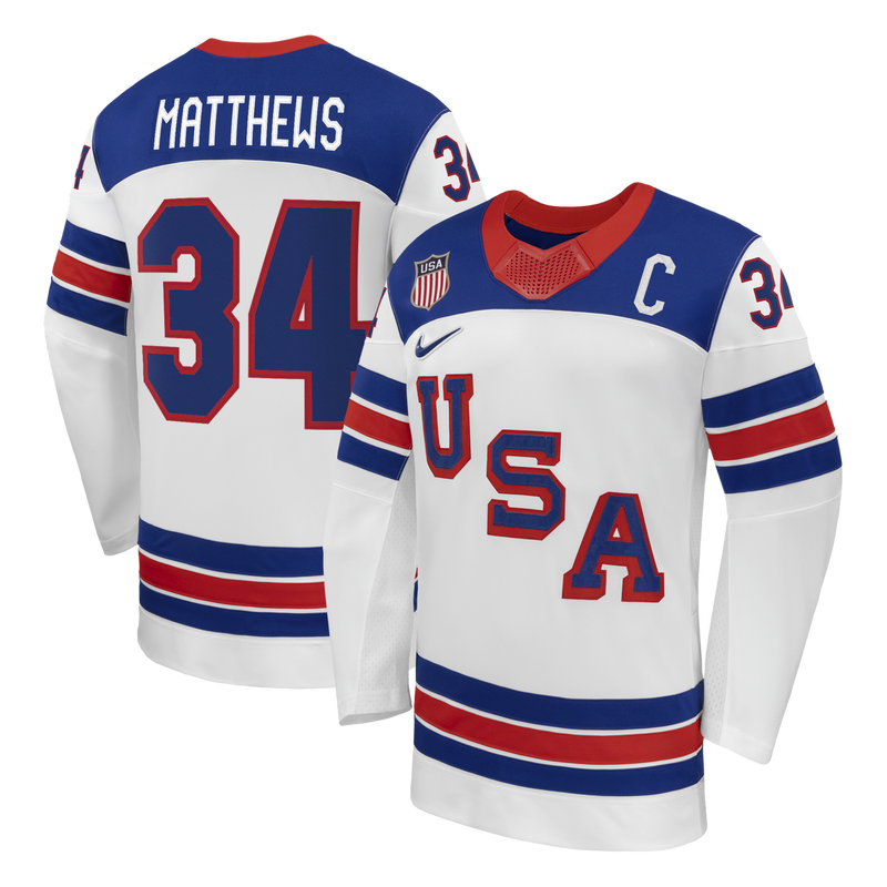 Auston Matthews White US 2026 Away Replica Hockey Jersey, Hockey Sportswear Jersey Shirt, Long Sleeve Hockey Sweater Jersey, Casual Gift for Men