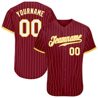 Custom Baseball Jersey, Crimson Cream Gold Pinstripe Sportswear Jersey Shirt, Athletic Button Down Moisture Wicking Jersey, Casual Gift for Men