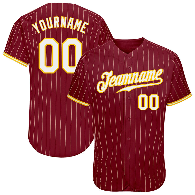 Custom Baseball Jersey, Crimson Cream Gold Pinstripe Sportswear Jersey Shirt, Athletic Button Down Moisture Wicking Jersey, Casual Gift for Men