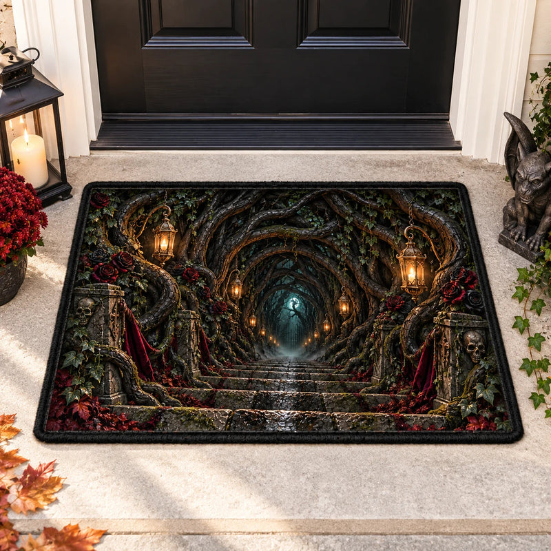 Lantern Passage - Gothic Archway Doormat in Deep Crimson