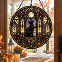 Moonlit Cathedral - Black Cat Round Window Hanging