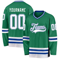 Custom Hockey Jersey, Kelly Green White Sportswear Jersey Shirt, Athletic Long Sleeve V Neck Jersey, Casual Gift for Men, Style KellyGreen0162