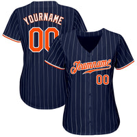 Custom Baseball Jersey, Navy White Orange Pinstripe Sportswear Jersey Shirt, Athletic Button Down Moisture Wicking Jersey, Casual Gift for Men