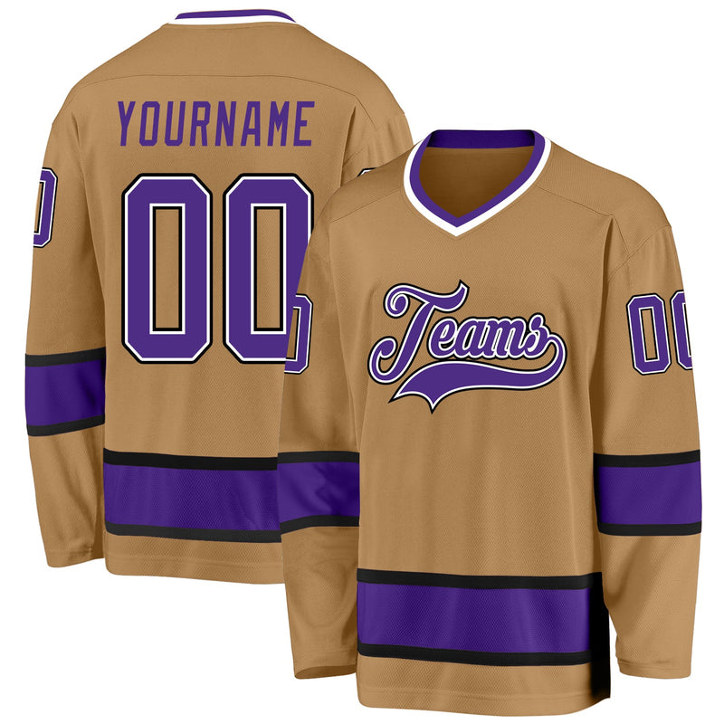 Custom Hockey Jersey, Old Gold Purple Black Sportswear Jersey Shirt, Athletic Long Sleeve V Neck Jersey, Casual Gift for Men, Style OldGold0015