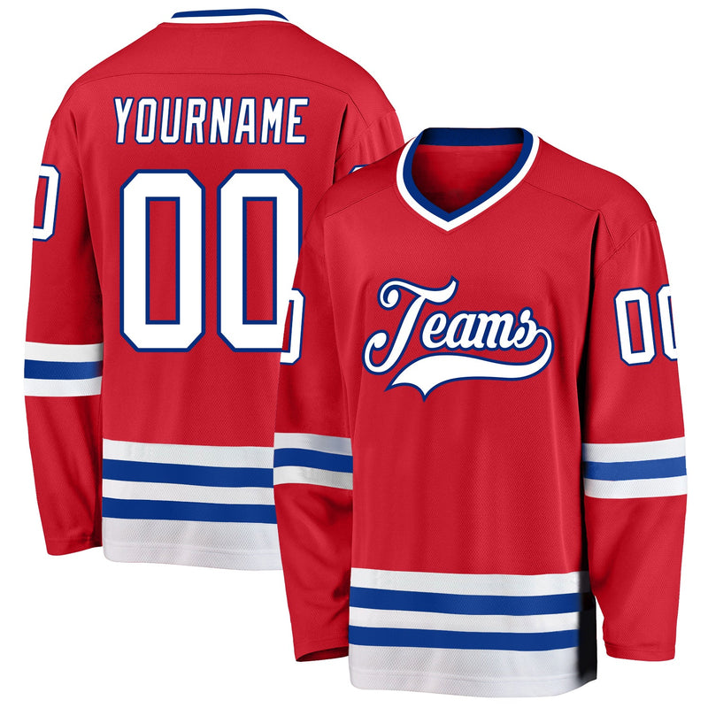 Custom Hockey Jersey, Red White Royal Sportswear Jersey Shirt, Athletic Long Sleeve V Neck Jersey, Casual Gift for Men
