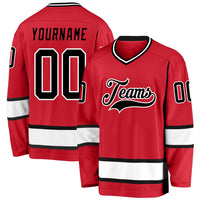 Custom Hockey Jersey, Red Black White Sportswear Jersey Shirt, Athletic Long Sleeve V Neck Jersey, Casual Gift for Men, Style Red0328
