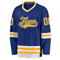 Custom Hockey Jersey, Royal Gold White Sportswear Jersey Shirt, Athletic Long Sleeve V Neck Jersey, Casual Gift for Men, Style Royal0193