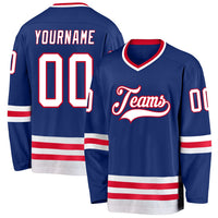 Custom Hockey Jersey, Royal White Red Sportswear Jersey Shirt, Athletic Long Sleeve V Neck Jersey, Casual Gift for Men, Style Royal0212