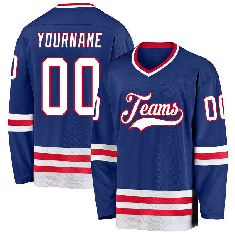 Custom Hockey Jersey, Royal White Red Sportswear Jersey Shirt, Athletic Long Sleeve V Neck Jersey, Casual Gift for Men, Style Royal0212