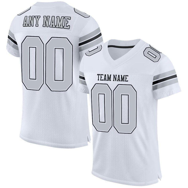 Custom Football Jersey, White Silver Black Sportswear Jersey Shirt, Athletic Mesh Moisture Wicking Jersey, Casual Gift for Men, Style White0015