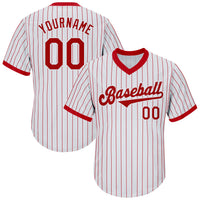 Custom Baseball Jersey, White Red Throwback Pinstripe Sportswear Jersey Shirt, Athletic V Neck Moisture Wicking Jersey, Casual Gift for Men
