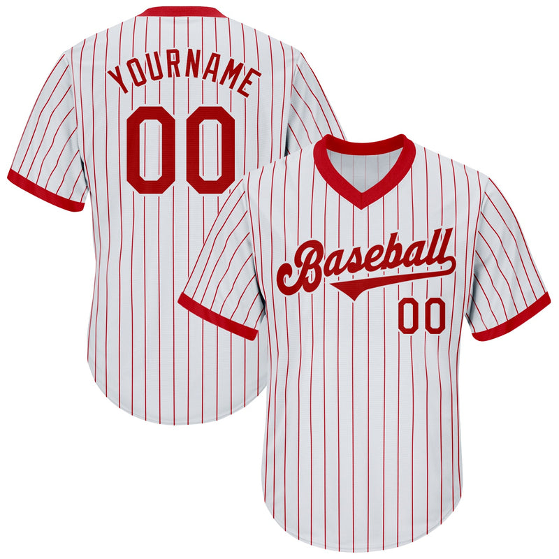 Custom Baseball Jersey, White Red Throwback Pinstripe Sportswear Jersey Shirt, Athletic V Neck Moisture Wicking Jersey, Casual Gift for Men