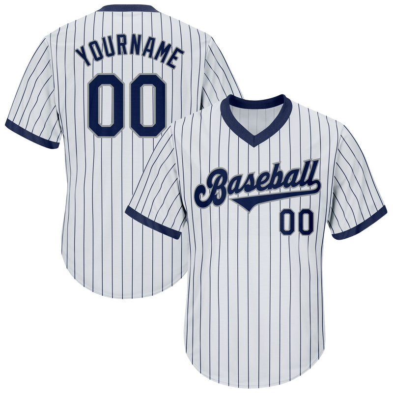 Custom Baseball Jersey, White Navy Gray Throwback Sportswear Jersey Shirt, Athletic V Neck Moisture Wicking Jersey, Casual Gift for Men