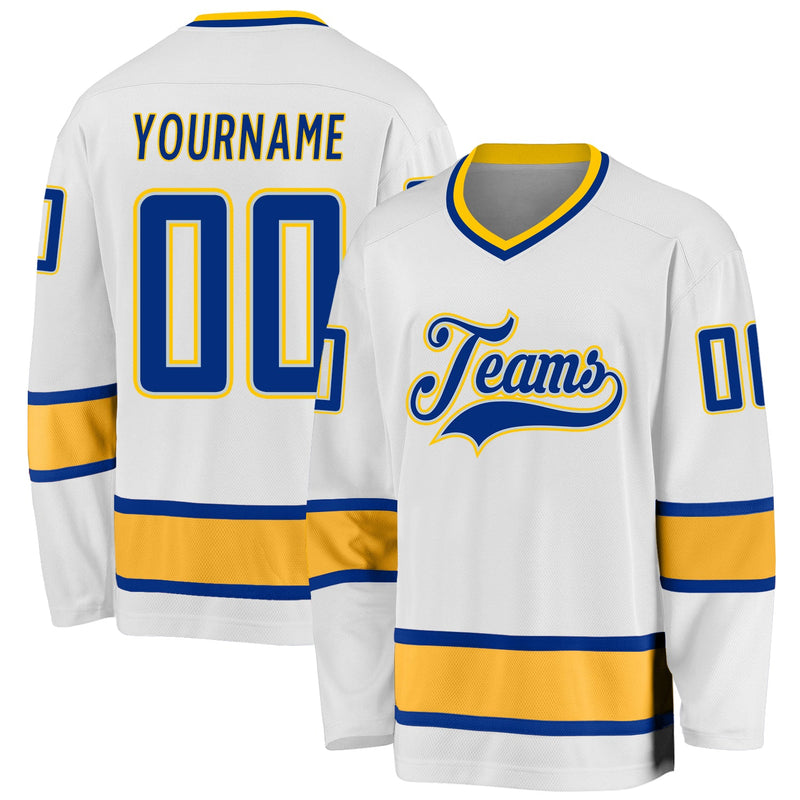 Custom Hockey Jersey, White Royal Gold Sportswear Jersey Shirt, Athletic Long Sleeve V Neck Jersey, Casual Gift for Men, Style White0646