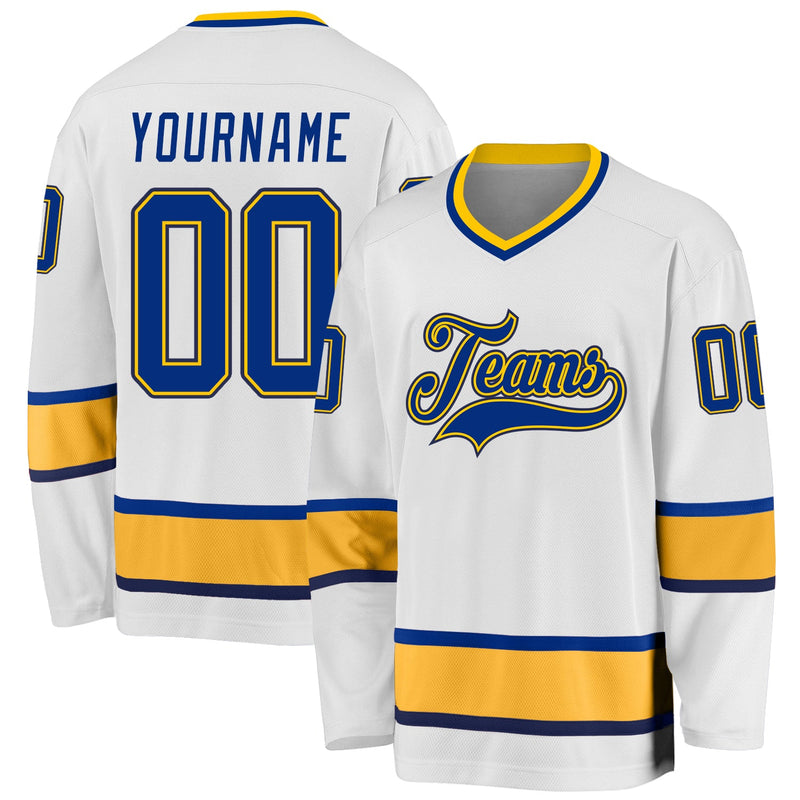 Custom Hockey Jersey, White Royal Gold Sportswear Jersey Shirt, Athletic Long Sleeve V Neck Jersey, Casual Gift for Men, Style White0660