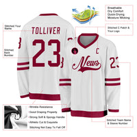 Custom Hockey Jersey, White Maroon Sportswear Jersey Shirt, Athletic Long Sleeve V Neck Jersey, Casual Gift for Men